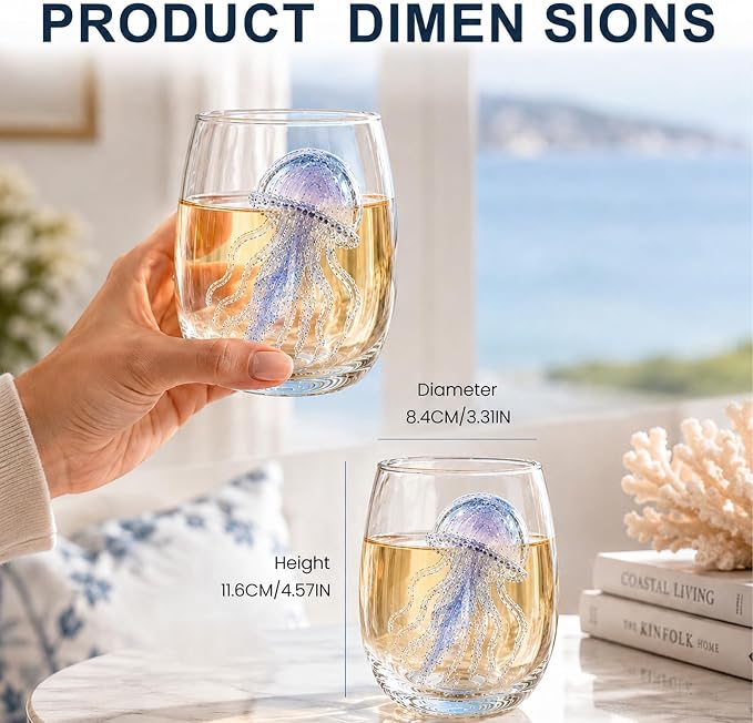 Coastal Stemless Wine Glasses Set of 4, 12oz 3D Ocean Animal Artisan Glassware Collection with Unique Sea Life Designs (F - Set of 1) - Image 3