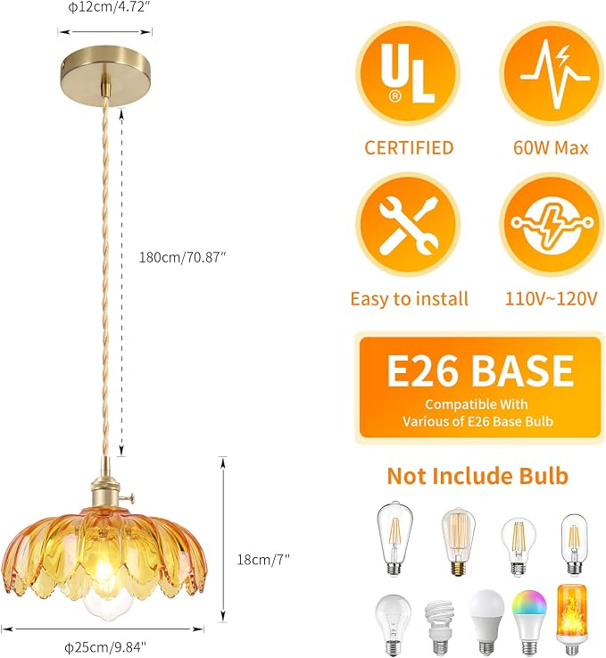 Kitchen Island Pendant Lights, E26 Nordic Pendant Lamp 10.3“ Small Vintage Style Amber Glass Hanging Lighting Fixtures Over Dining Room Table for Bedroom,Bar,Over Sink UL Certified Lighting - Image 3