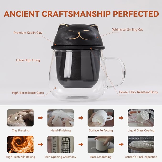 Tea Cup with Infuser and Lid 15oz - Borosilicate Glass Mug with Black Ceramic Infuser, Smiling Cat Lid Design, Anniversary Birthday Gift for Cat Lovers