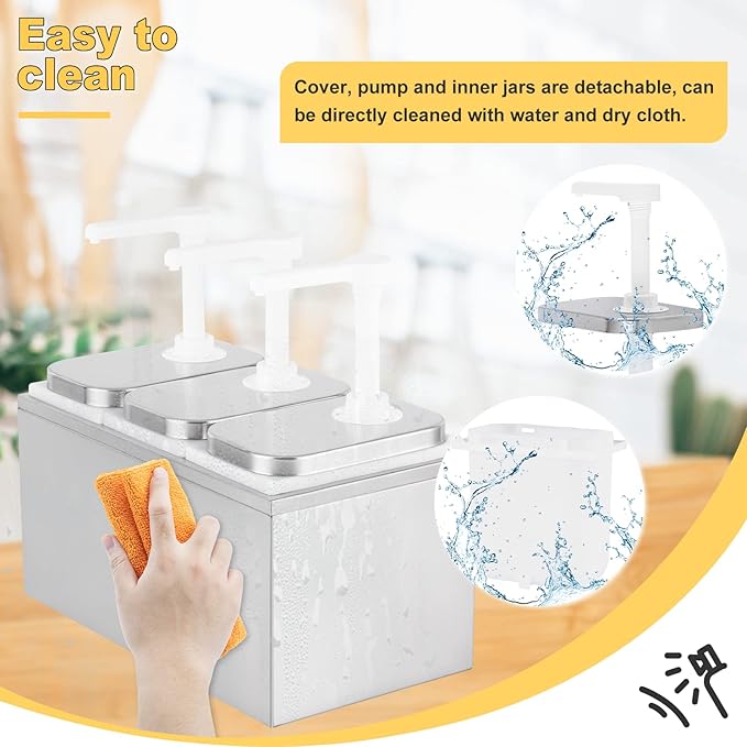6L Sauce Dispenser Pump Stainless Steel Condiment Pump Station Condiment Pump Dispenser with 3 of 2.1 Quart Jars