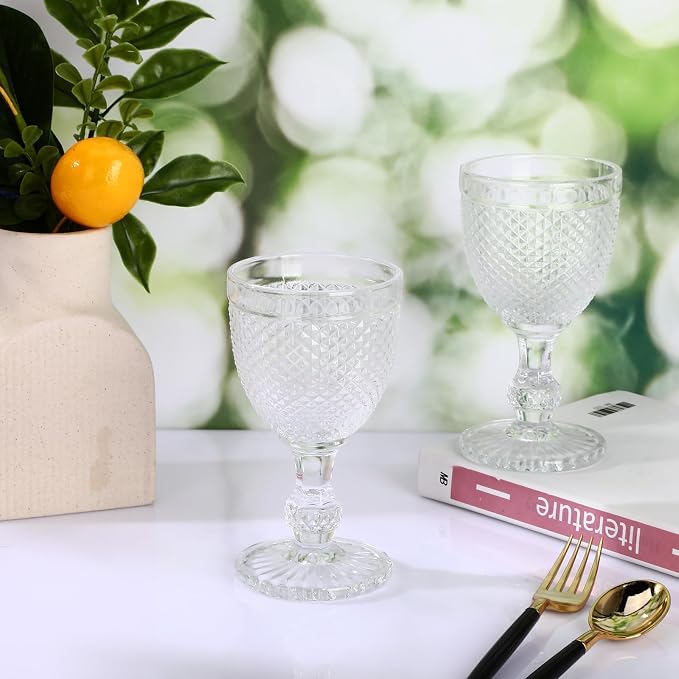 Bokon 6 Pack Clear Glass Goblets Set 10 oz High Clear Wine Glass Vintage Water Goblets Cups Embossed Diamond Design Glassware with Stem for Drinking Juice Liquor Party Wedding Bar - Image 4