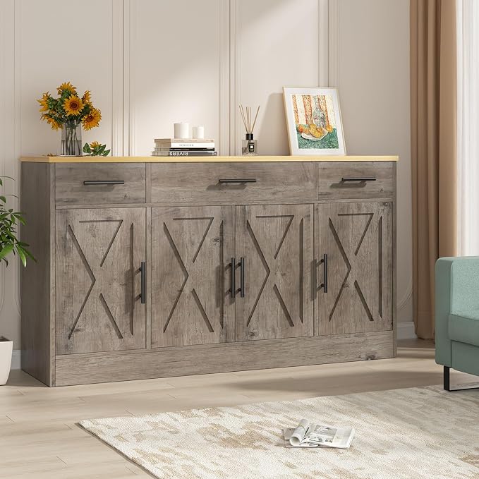 Vongrasig 53" Large Sideboard Buffet Cabinet With 4 Doors and 3 Drawers, Farmhouse Coffee Bar Kitchen Storage Cabinet, Wood Table for Kitchen, Dining Room, Ash Grey by Vongrasig