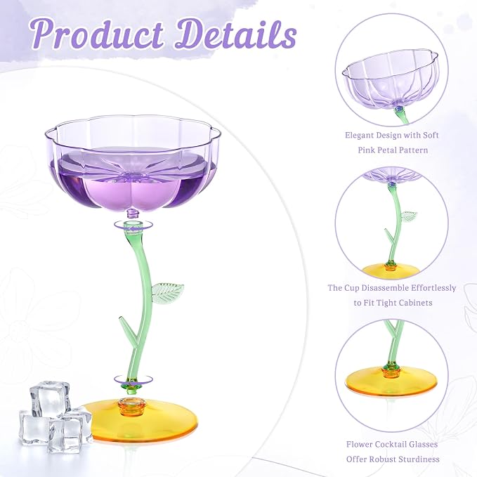 24 Pcs Purple Plastic Ribbed Coupe Glasses Detachable 7oz Flower Cocktail Glasses Modern Wavy Plastic Cocktail Coupes Disposable Martini Glasses Mimosa Glassware champagne goblets (24, Purple) - Image 3