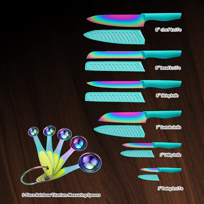 Knife Set with Spoons, KYA37B Knife Sets with Blade Guards and Measuring Spoons, Marco Almond® Rainbow Color 17-Piece Stainless Steel Kitchen Knives Set with Covers | 6 Knives w 6 Blade Guards&Spoon Steel Knife Set for Kitchen, Anti-Rust,Ergonomic Hand... - Image 2
