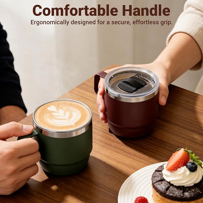 Zenbo 8 oz Stackable Coffee Mugs with Handle & Magnetic Sliding Lid, 2 Pack | Ceramic-Lined 18/8 Stainless Steel Espresso Cups, Double-Wall Vacuum Insulated Mini Tumblers, Dishwasher Safe, Black & White - Image 8