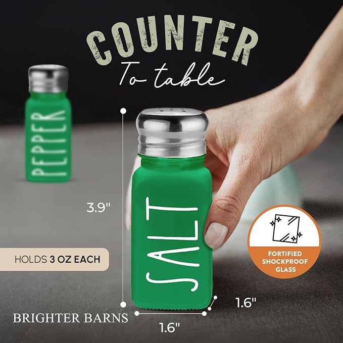 Green Salt and Pepper Shakers Set by Brighter Barns - Modern Farmhouse Kitchen Decor for Home, Restaurants, Airbnb - Cute Kitchen Decor and Accessories - Glass Shakers & Stainless Steel Lids (Green) - Image 3