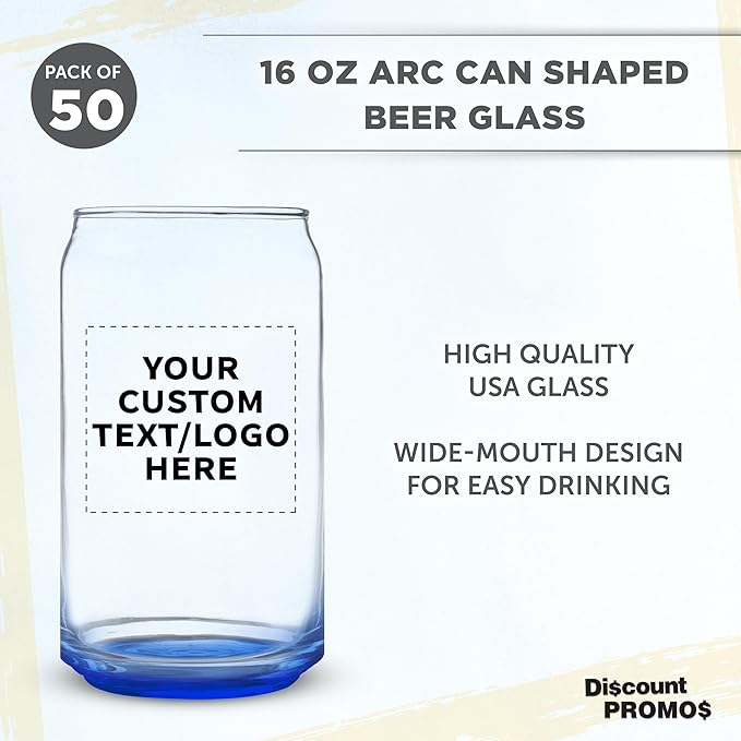 Custom Beer Can Glasses Set of 50, 16 oz. Pint Sized, Promotional Text, Logo, Soda Can Shape, Glassware, Blue