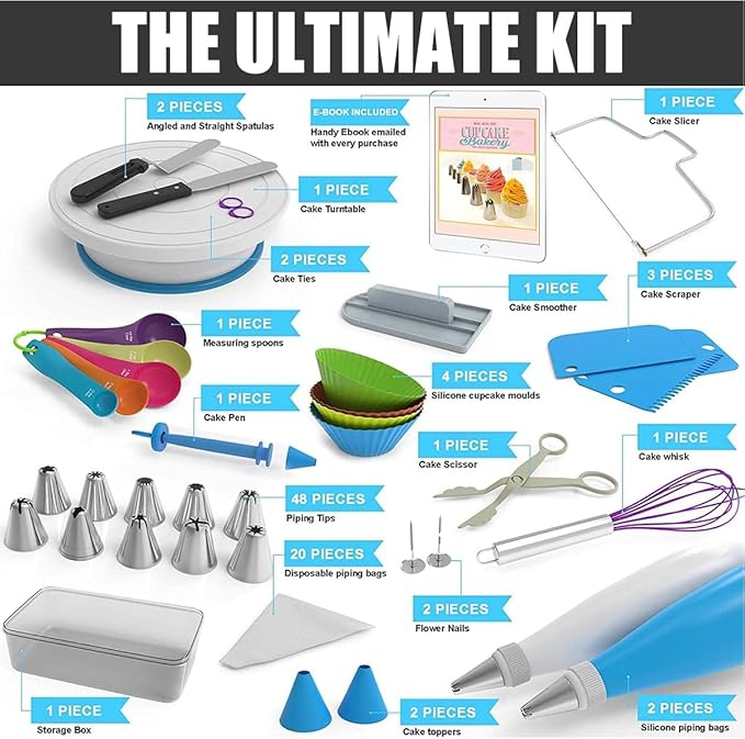 Cake Decorating Supplies Kit - Cake Turntable Set with 48 Icing Piping Tips, 20 Disposable Pastry Bags, 2 Couplers, Baking Tools for Beginners
