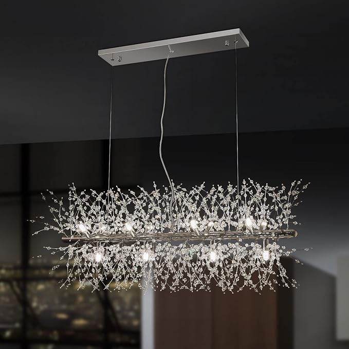 Modern Chrome Crystal Firework Chandelier Linear Lighting Fixtures | 35.5" Sputnik Ceiling Light Fixture Rectangular Hanging Pendant Light for Kitchen Island Dining Room Living Room 12-Lights by KJLARS