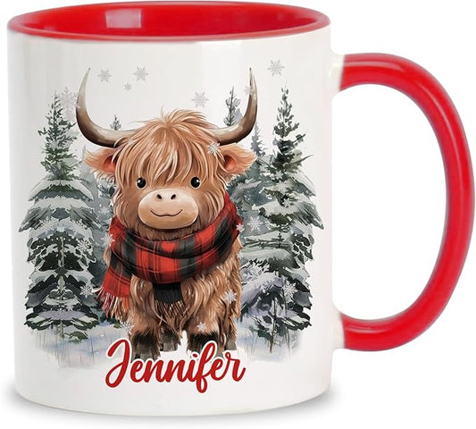 Hyturtle Personalized Winter Highland Cow Coffee Mug for Christmas Birthday | Highland Cow Lovers Gift Ideas for Women Men - 11oz Two Tone Color Red/White Ceramic Tea Mug Cup, Comfort grip handle by Hyturtle