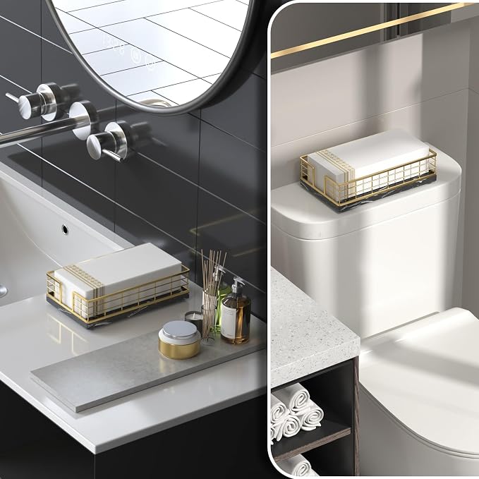 Wican Marble Guest Towel Holder Tray for Bathroom, Napkins Holder | Powder Room Dining Table Wooden Basket for Disposable Paper Hand Towels, Gold and Marble Black - Image 2