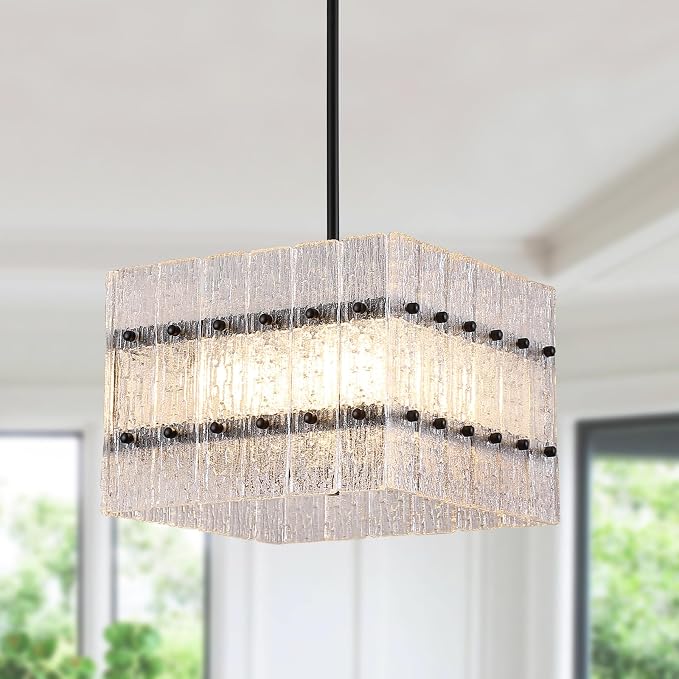 Modern Black Crystal Chandelier for Dining Room,Contemporary Square Water Ripple Glass Chandelier 4 Lights for Kitchen Island Entryway UL Listed by MEIXISUE