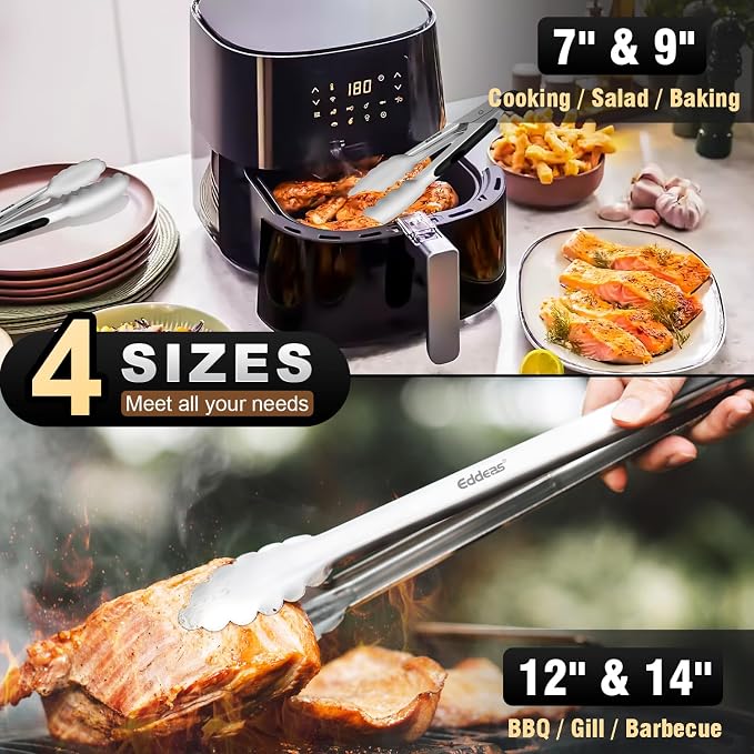 EDDEAS Grill Tongs - BBQ Tongs Heat Resistant 600 Degrees, Heavy Duty Metal, Perfect for Cooking, Grilling, Set of 4, 7",9",12" & 14 inch Black - Image 2