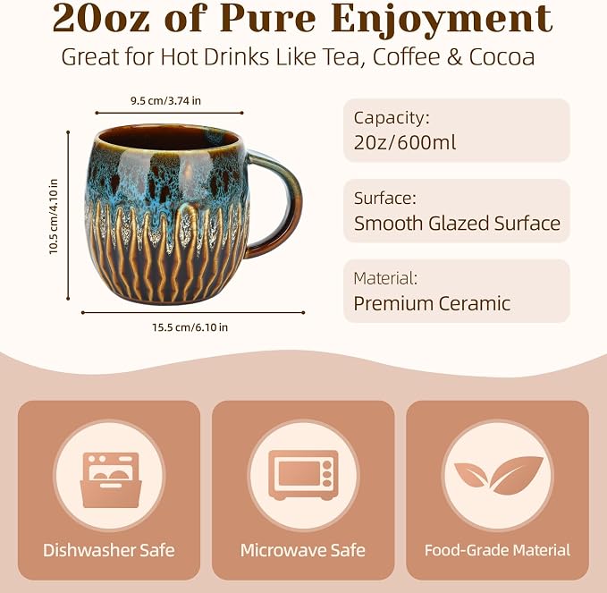 20oz Large Ceramic Coffee Mugs Unique Big Pottery Coffee Mug Microwave Safe Cool Stoneware Cups for Tea Latte Oversized Mug With Handle for Home Blue Wide Clay Mugs for Men Fancy Handmade Ceramic Cup - Image 7