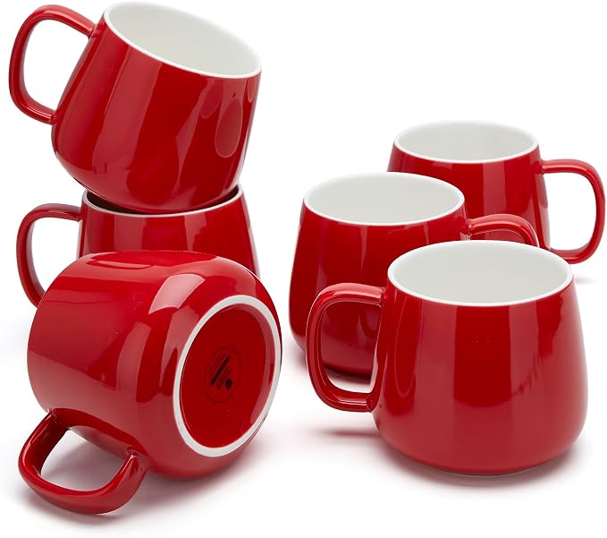 Teocera Coffee Mugs Set of 6-12oz Chip-Resistant Ceramic Cups with Ergonomic Handle | Dishwasher & Microwave Safe Red Mugs | Keeps Beverage Hot, Perfect for Family Kitchen & Holiday Gifts by Teocera
