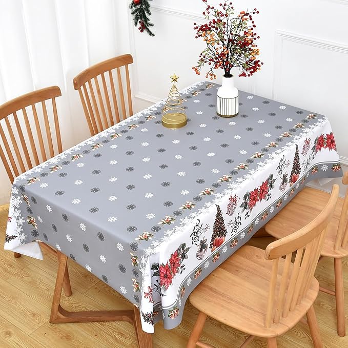 Christmas Table Cloth Rectangle Heavy Duty Vinyl Grey Christmas Tablecloth Plastic Reusable Santa Tablecloth Wpieable Waterproof PVC Xmas Table Cover for Dining Party New Year(Gray, 54"x78") - Image 2