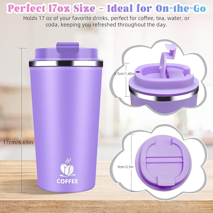 17oz Insulated Travel Coffee Mug with Flip Lid – Leakproof Stainless Steel Insulated Coffee Tumblers, Reusable Coffee Cup for Hot & Cold Drinks, Perfect for Camping & On-the-Go - Image 5