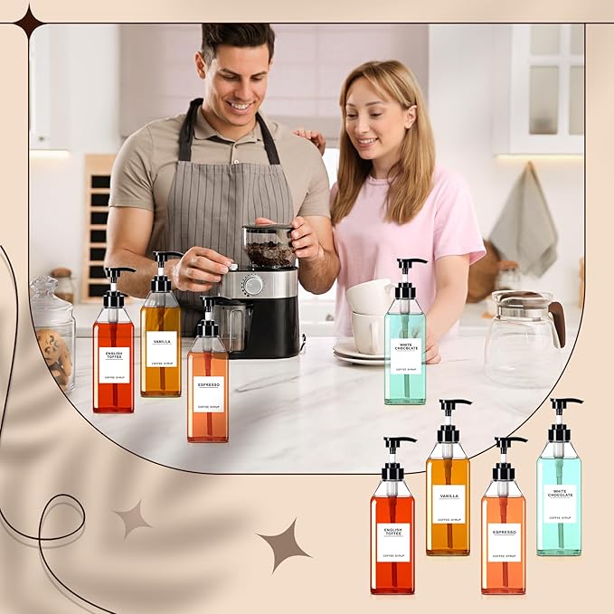 Nuogo 6 Pcs Coffee Syrup Dispenser Set 300ml, 500ml, 750ml Black Syrup Bottles with Pump Dispenser 27 Labels Kitchen Accessories(16.9 oz)