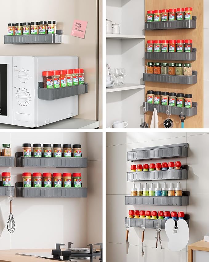 Nieifi Spice Rack Wall Mount, 4 Pack Grey, 2" Depth, Screw/Adhesive | Wall-Mounted with Removable Hooks Saves Counter Space, Fits 2" Deep Jars, Ideal for Kitchen Cabinets, Pantry Doors, and RVs. - Image 6