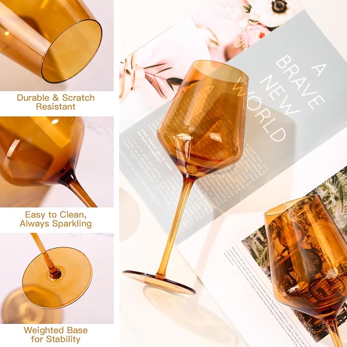 Amber Wine Glasses Set of 6, Handblown Colored Wine Glasse,Amber Coloful Glassware，17OZ for Red or White Wine - Image 3