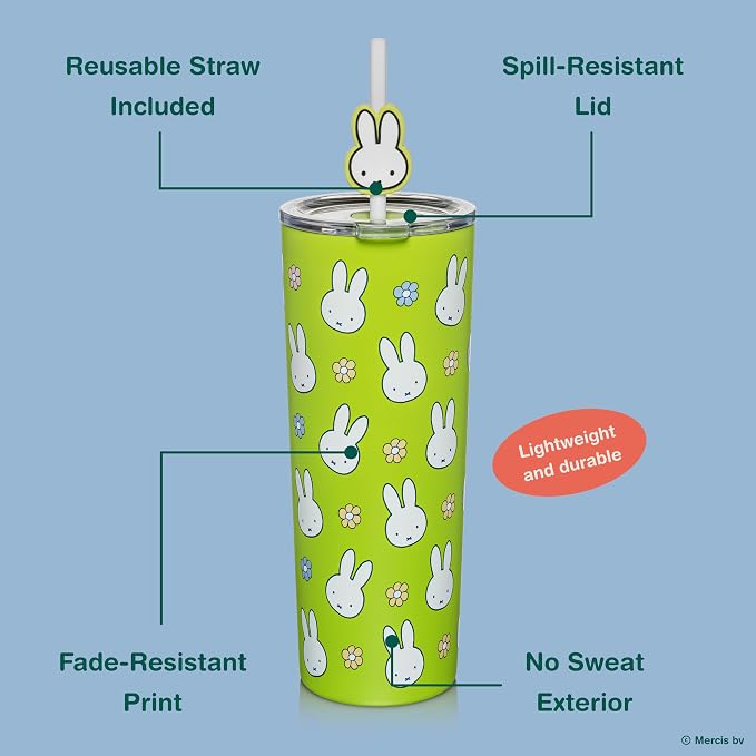 Dragon Glassware | Miffy Stainless Steel Tumbler with Straw, 24 oz - Green | Vacuum Insulated Stainless Steel Tumbler with Straw & Lid; Double Walled Tumbler with Straw Charm; Miffy Cup with Lid - Image 4