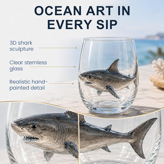 Coastal Stemless Wine Glasses Set of 4, 12oz 3D Ocean Animal Artisan Glassware Collection with Unique Sea Life Designs (H - Set of 1) - Image 2