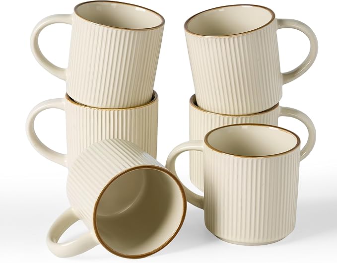 famiware Coffee Mug Set for 6, Star 12 oz Catering Mugs Cup Set with Handle for Coffee, Tea, Cocoa, Milk - Ceramic Stoneware Drinkware Set, Vanilla White by Famiware