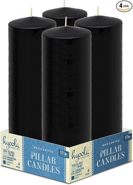 Hyoola Black Pillar Candles 2x8 Inch - 4 Pack Unscented Pillar Candles - European Made by Hyoola