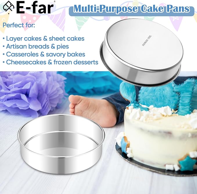 E-far 8 Inch Cake Pan Set of 2, Stainless Steel Round Baking Pans Tins Mold - Non-Toxic & Leak-Proof for Birthday Wedding Layer Tiered Cake, Easy Clean & Dishwasher Safe - Image 7