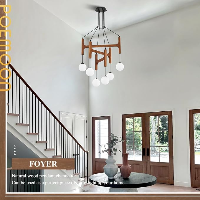 Farmhouse L28 '' Wooden Chandeliers with Milk Glass Globes Lampshades, Rustic Unique Mid Century Long 6-Light Pendant Chandelier for Living Dining Room Entryway Bedroom Kitchen,G9,Wood Stained Walnut - Image 4