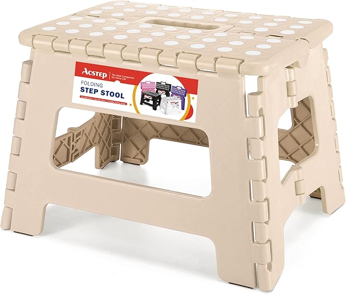 ACSTEP Folding Step Stool 9 Inch, Non-Slip Foldable Stools for Kids, Khaki | Heavy Duty Collapsible Foot Stool, Lightweight, Holds 300lb for Toddler/Adults Kitchen Bathroom Bedroom Outdoor, with Handle by ACSTEP