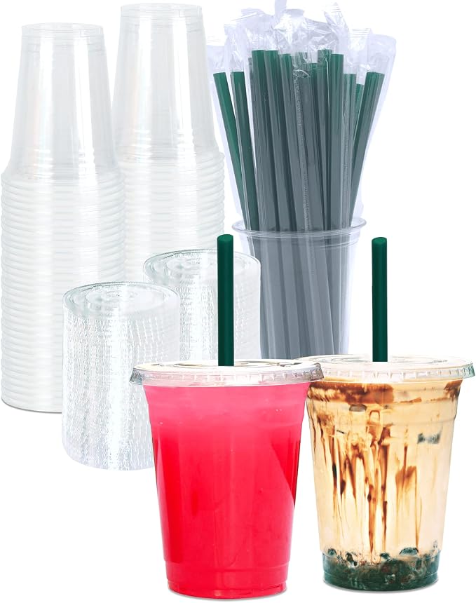 Cappatua 16 oz Clear Plastic Cups with Lids and STRAWS, Disposable Drinking Cups for Cold Drinks, Iced Coffee, Milkshakes, Smoothies, 25 Sets by Cappatua