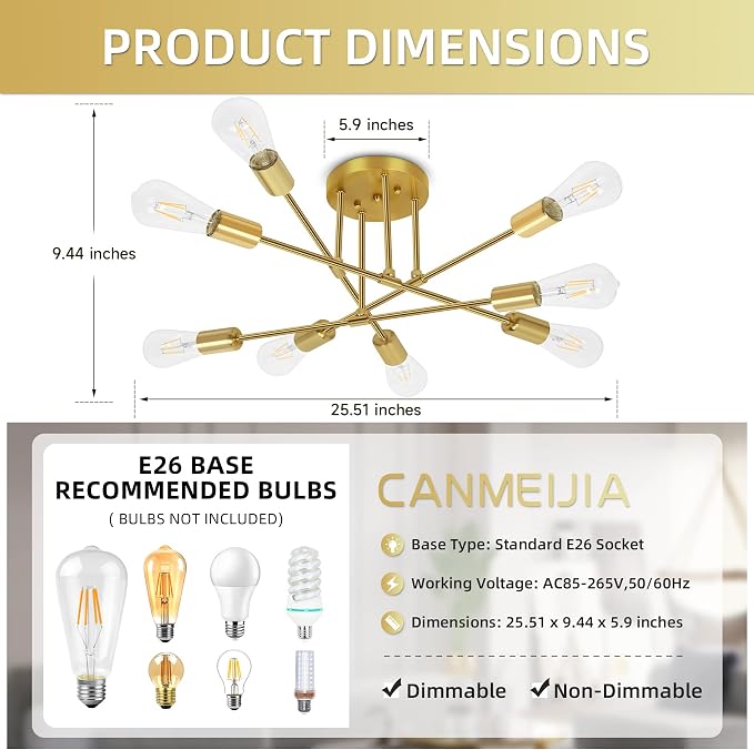 CANMEIJIA Modern Sputnik Chandelier, 8-Light Ceiling Light Fixture Mid Century Gold Chandelier for Bedroom Living Room Dining Room Kitchen, E26 Base, Bulbs Not Included - Image 2