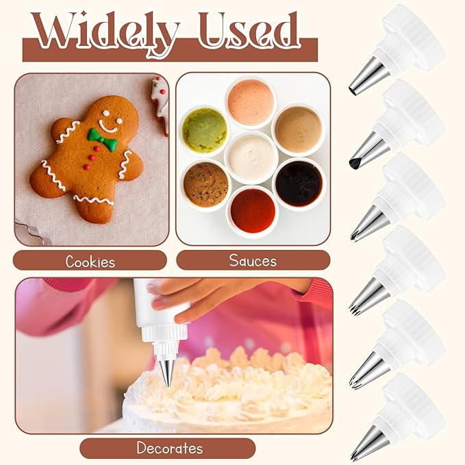 LemonRoad 4 Pcs Plastic Squeeze Bottles with 6 Different Piping Tips for Cookie Icing Piping Kit Pancake Decorating Supplies Squeezing Applicator Writer for Food Arts(4 oz)