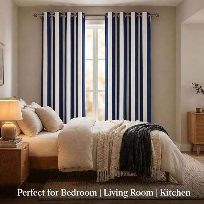 Urban Villa Cotton Grommet Curtains 50x96 (2 Panels) Blue White Stripes - Image 3
