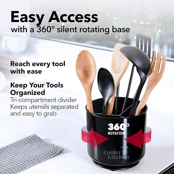 Cooler Kitchen Jumbo Extra Large Sturdy Rotating Black Utensil Holder Caddy with No-Tip Weighted Base, and Gripped Insert - Rust Proof and Dishwasher Safe Kitchen Utensils Holder - Image 2