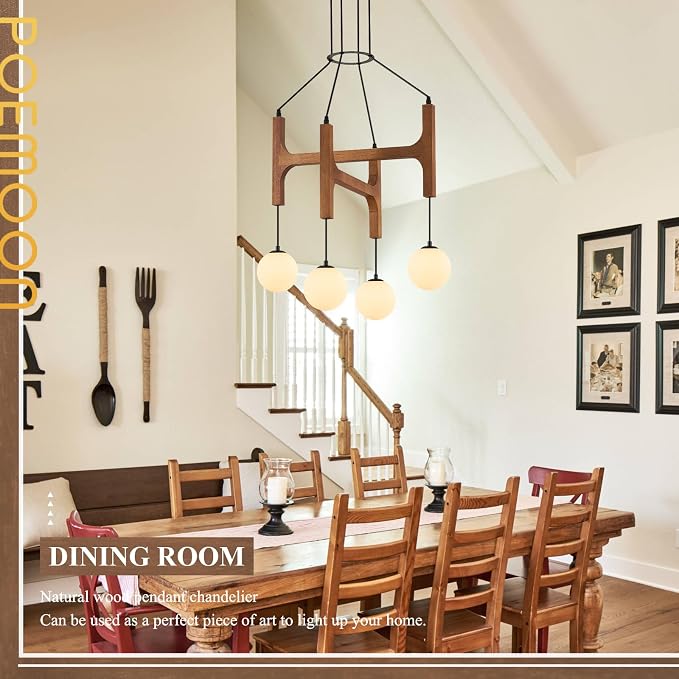 Rustic Wood Chandeliers with Milk Glass Globes Lampshades L24 '' Unique Mid Century Long 4-Light Pendant Chandelier Wood Stained Walnut Farmhouse for Living Dining Room Entryway Bedroom Kitchen,G9 - Image 8