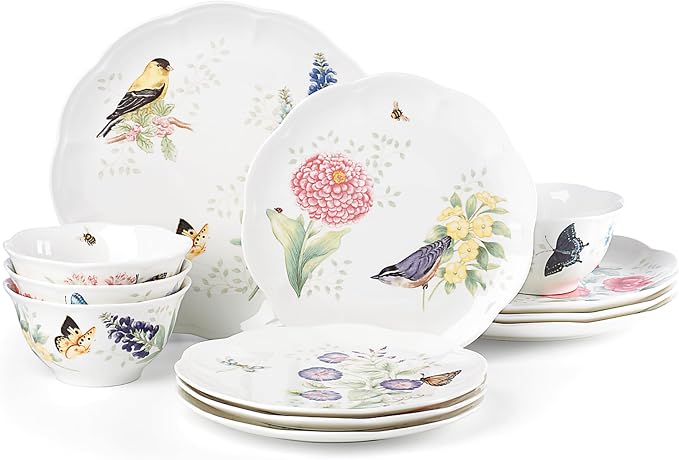 Lenox Dinnerware Set, Butterfly Meadow Flutter 12-Piece Set, Service For 4, Elegant White Porcelain, Dishwasher Safe, Chip Resistant, Plates And Bowls Sets, Home and Kitchen (Assorted, 12 Pieces) by Lenox