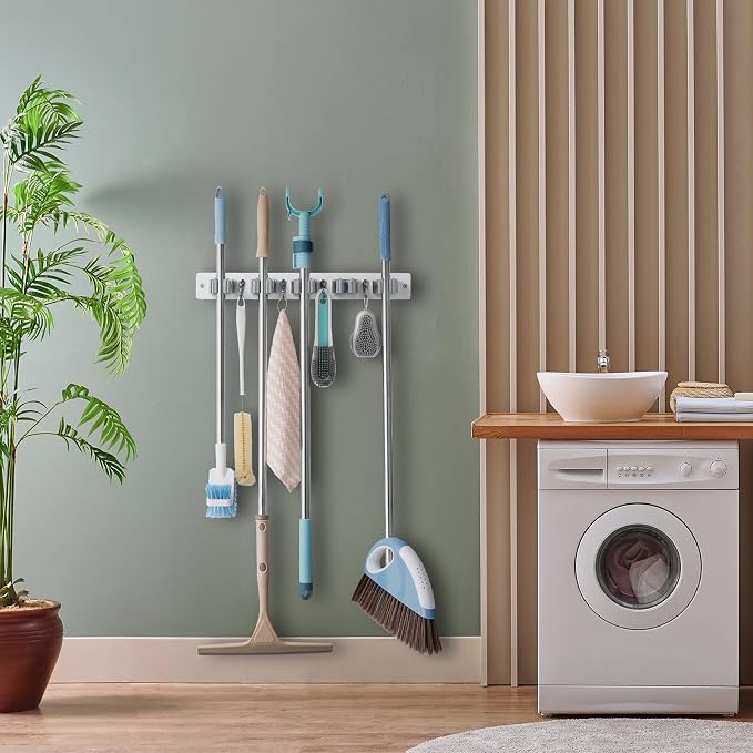 OUTNILI Mop and Broom Holder Wall Mount - White Broom Mop Hanger - Wall Mounted Garden Tool Rack Organizer for Closet Garage Laundry Room Kitchen Decor With 5 Slots & 4 Hooks - Image 5