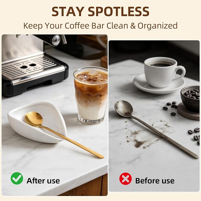 Coffee Bar Accessories: Espresso Accessories - Coffee Stirrers for Hot Cocoa Bar Supplies - Set of 4 Gold Decor Coffee Spoons with 1 Ceramic Spoon Rest - Ideal CoffeeLover Gifts - Image 6