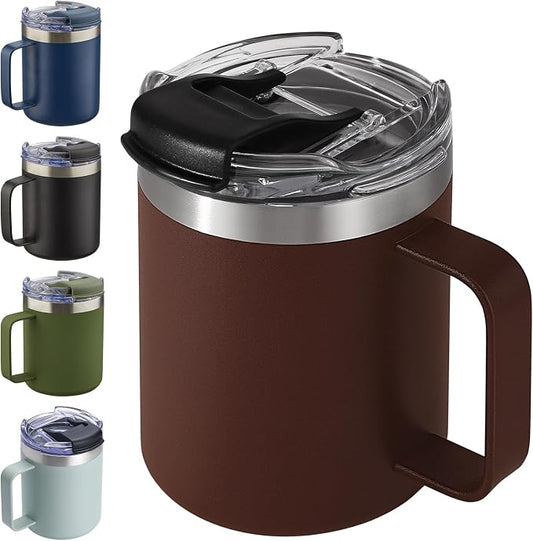 12oz Insulated Coffee Mug Cup with Handle, Stainless Steel Travel Coffee Mug with Flip Lid, Double Wall Vacuum Coffee Tumbler,Nut Brown by ALOUFEA