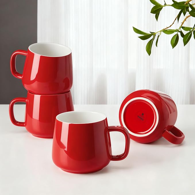 Teocera Ceramic Coffee Mug Set of 4-12 oz Coffee Mugs with Large Handles for Hot or Cold Drinks Like Latte, Cocoa, Tea or Juice - Smooth Ceramic, Dishwasher Safe, Red by Teocera