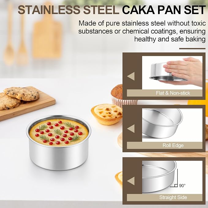 Homikit Mini Round Cake Pan Set of 3, 4 Inch Stainless Steel Small Baking Pans, Layer Smash Cake Tins for Birthday Baby Shower Wedding Party, Oven & Dishwasher Safe - Image 3