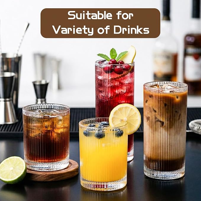 JOVGANK Drinking Glasses Set of 8 – Lead-Free Crystal Glassware, 4 Tall 15oz & 4 Short 10oz Vintage Ribbed Tumbler Glasses, Dishwasher Safe, for Juice Beer Cocktails, Great Housewarming Gift, Set A - Image 6