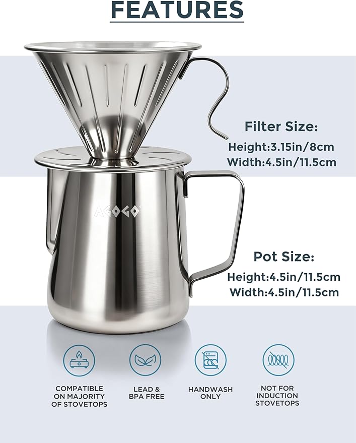 AGOGO Portable Pour Over Coffee Maker V60 Set - Easy Cleaning Compact 304 Stainless Steel Dripper for Camping & 50 Filters Paper & Cleaning Rag Silvery 20 oz