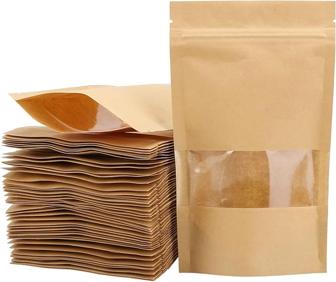 Tecbeauty 100pcs Kraft Paper Stand Up Pouches Zipper Lock Resealable Food Storage Bags with Window for Packing Cookies, Dog Treats (5.9 x 8.7inch) by Tecbeauty