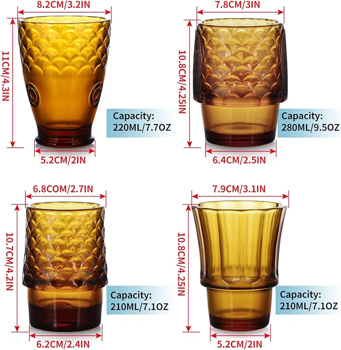 MDLUU Fish Design Tumbler Glasses, Stackable Drinking Glasses, Colored Glass Beverage Cups, Nautical Glassware for Gift, Set of 4 (Amber) - Image 3