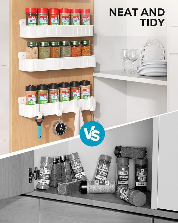 Nieifi Spice Rack Wall Mount, 4 Pack White, 2" Depth, Screw/Adhesive | Wall-Mounted with Removable Hooks Saves Counter Space, Fits 2" Deep Jars, Ideal for Kitchen Cabinets, Pantry Doors, and RVs. - Image 5