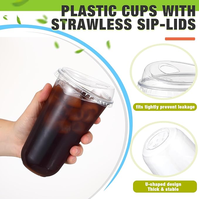 Ziliny 50 Sets Clear Plastic Coffee Cups with Sip Lids, Disposable Plastic PET Crystal Cups for Iced Coffee, Smoothie, Cold Beverage, Drink Shops and Party Catering(Clear,18 oz) - Image 4