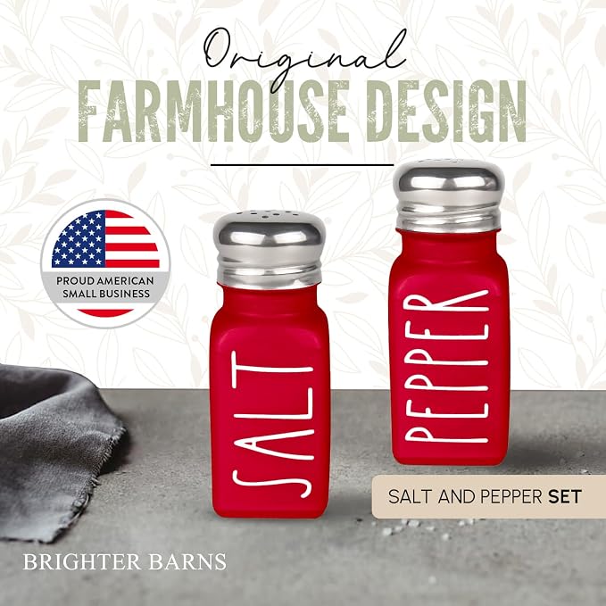Red Salt and Pepper Shakers Set by Brighter Barns - Modern Farmhouse Kitchen Decor and Accessories for Home Restaurants Weddings - Cute Modern Glass Christmas Shaker Sets & Stainless Steel Lid (Red) - Image 7